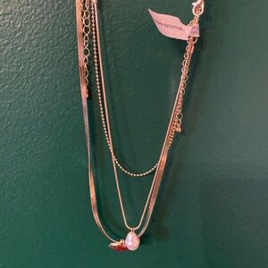 Urban Outfitters Gold Layered Necklace with Pearl and Red Accent